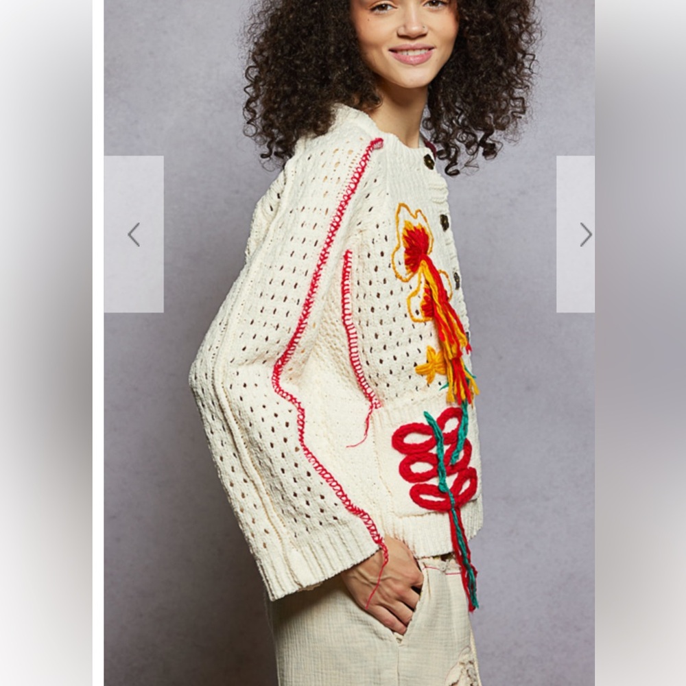 POL beautifully Embroidered Floral Women Sweater - Cream, Red, Yellow - Picture 4 of 6